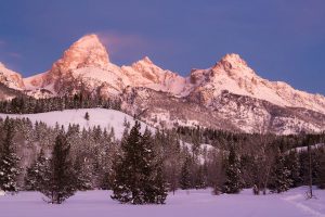 Ambient light from a colorful sunrise reflecting on the snow-covered Teton Mountains, as seen from the Taggart Lake Trail, Grand Teton National Park, Wyoming