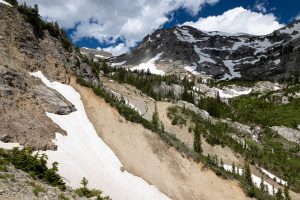 The steep rocky walls dropping down from the top of Open Canyon in the Teton Mountains. Grand Teton National Park, Wyoming