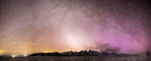The winter Milky Way Galaxy arching over the Teton Mountains as Venus shines in zodiacal light. Grand Teton National Park, Wyoming