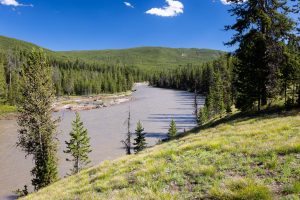 The Snake River winding through large foothills of the Absaroka Mountains along the Flagg Canyon Trail. John D. Rockefeller Jr. Memorial Parkway, Wyoming