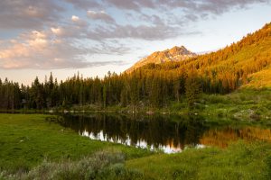 Sunrise light hitting the Teton Mountains and the forests above Trapper Lake. Grand Teton National Park, Wyoming