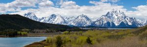 The Teton Mountains rising above Oxbow Bend and Jackson Lake below the Oxbow Bend Overlook Trail. Grand Teton National Park, Wyoming