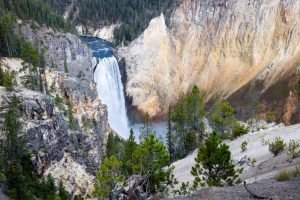 Lower Falls pouring over a large cliff into the Grand Canyon of the Yellowstone River below the South Rim Trail. Yellowstone National Park, Wyoming