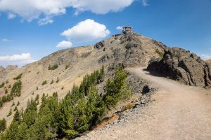 The Mount Washburn Lookout Tower rising above the higher elevations of the Mount Washburn Trail. Yellowstone National Park, Wyoming