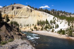 Yellow cliffs stained from sulfur rising above the Yellowstone River in the lower parts of the Grand Canyon of the Yellowstone River. Yellowstone National Park, Wyoming