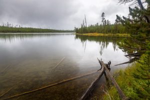 Storm clouds and weather moving in over the calm waters of Ice Lake. Yellowstone National Park, Wyoming