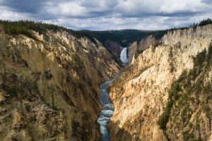 Lower Falls dwarfed by the Grand Canyon of the Yellowstone River below cloudy skies. Yellowstone National Park, Wyoming