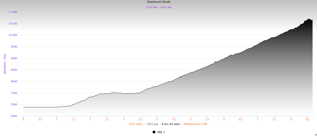 Elevation profile for the Paintbrush Divide