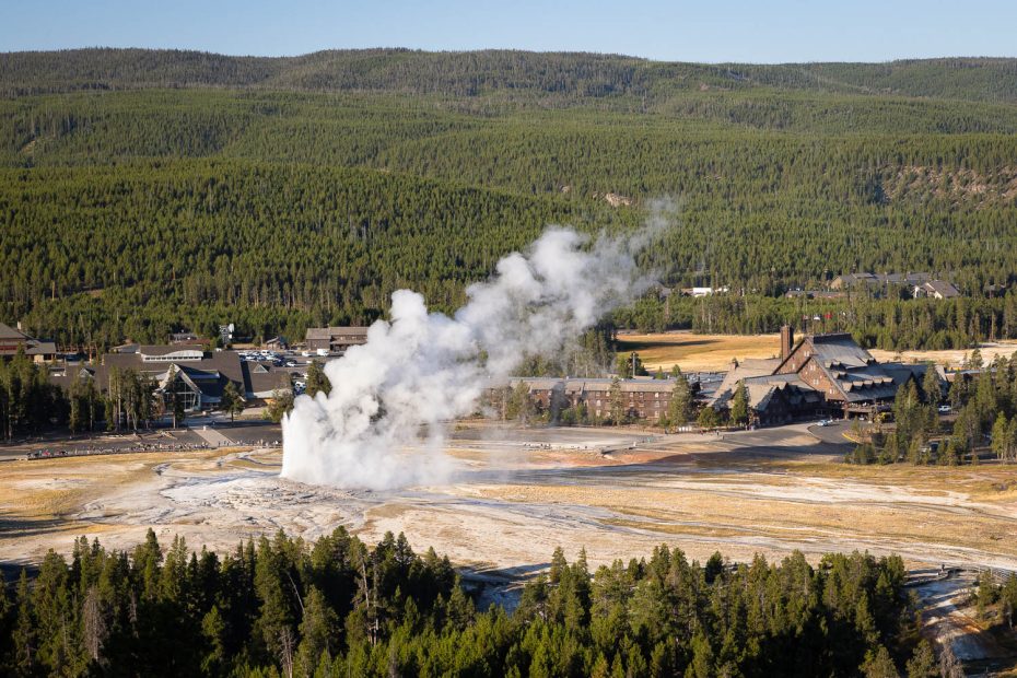 Old Faithful Erupting Below Observation Point